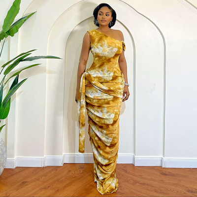 EVE Sleeveless Ruched Slash Neck Print Maxi Dress GJYO-305013