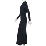 EVE Long Sleeve Solid Color Ruched Maxi Dress GJYO-305058