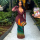EVE V Neck Long Sleeve Color Block Maxi Dress GJYO-303969