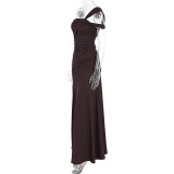 EVE Slash Shoulder Ruched Split Maxi Dress GWSD-D1995154