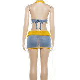 EVE Knits Color Block Halterneck Backless Two Piece Skirts Set GZJQ-W6S02656A