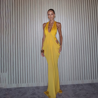 EVE Deep V Neck Ruched Backless Maxi Dress XEF-K6D00781A