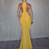 EVE Deep V Neck Ruched Backless Maxi Dress XEF-K6D00781A