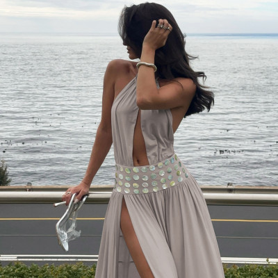 EVE Deep V Neck Split Halterneck Maxi Dress XEF-K25D88241