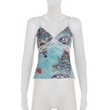 EVE V Neck Lace Patchwork Print Sling Tops GPKJ-MR47328