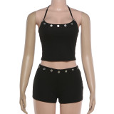 EVE Solid Color Halterneck Top Two Piece Shorts Set XEF-K6S00739A