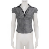 EVE Lace Patchwork V Neck Stripe Shirt GPKJ-MR47213