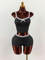 EVE Lace Patchwork Polka Dots Print Two Piece Shorts Set GXIY-K25L1867
