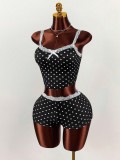 EVE Lace Patchwork Polka Dots Print Two Piece Shorts Set GXIY-K25L1867