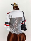 EVE V Neck Lace Patchwork Short Sleeve T Shirt YWXS-K26L2116