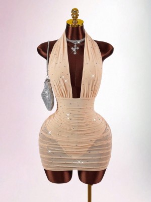 EVE Solid Color Halterneck Backless Mini Dress GXIY-K26L2043