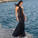 EVE Mesh Patchwork See Through Backless Maxi Dress GSLF-K6D02617A
