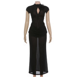EVE Solid Color Short Sleeve Slim Maxi Dress GYME-K25D85636