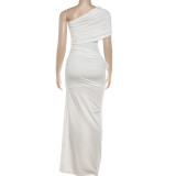 EVE Slash Shoulder Solid Color Slim Maxi Dress GYME-K6D02826A