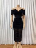 EVE Mesh Wrap Chest Solid Color Maxi Dress GADE-8474