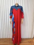 EVE Denim Patchwork Ruched Long Sleeve Maxi Dress GMYU-10135