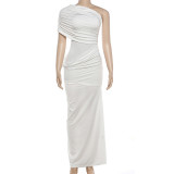 EVE Slash Shoulder Solid Color Slim Maxi Dress GYME-K6D02826A
