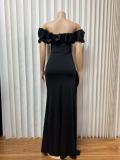 EVE Solid Color Ruffles Spit Maxi Dress GMYU-11037