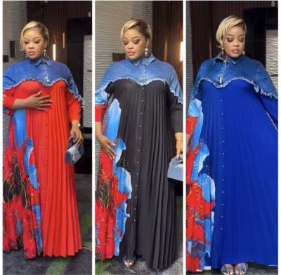 EVE Denim Patchwork Ruched Long Sleeve Maxi Dress GMYU-10135