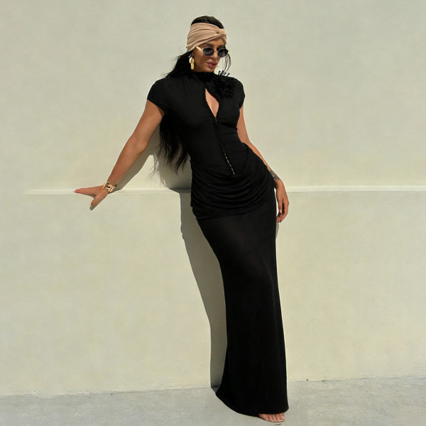 EVE Solid Color Short Sleeve Slim Maxi Dress GYME-K25D85636