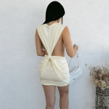 EVE Deep V Neck Solid Color Ruched Mini Dress GYME-K25D91090