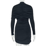 EVE Solid Color Long Sleeve Ruched Mini Dress GJYO-305066