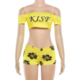 EVE Letter Print Off Shoulder Two Piece Shorts Set GZJQ-K6S02139A