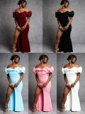 EVE Solid Color Ruffles Spit Maxi Dress GMYU-11037