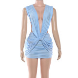 EVE Deep V Neck Solid Color Ruched Mini Dress GYME-K25D91090