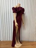 EVE Solid Color Ruffles Spit Maxi Dress GMYU-11037