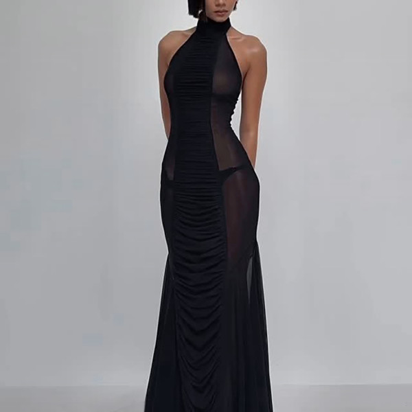 EVE Mesh Patchwork See Through Backless Maxi Dress GSLF-K6D02617A