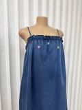 EVE Floral-Embroidered Loose Denim Mini Dress GMYU-6706