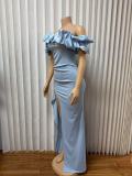 EVE Solid Color Ruffles Spit Maxi Dress GMYU-11037