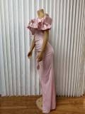 EVE Solid Color Ruffles Spit Maxi Dress GMYU-11037