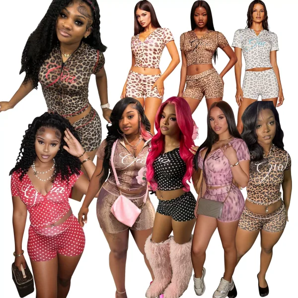VIP1  Print Short Sleeve Tops Two Piece Shorts Set FOSF-8821