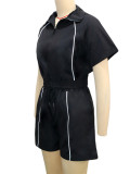EVE Contrast Color Line Patchwork Tops Sport Two Piece Shorts Set SH-391521