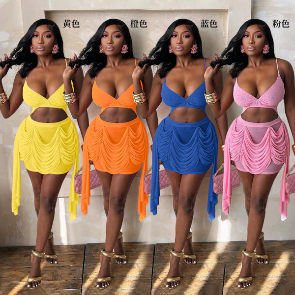 EVE Deep V Neck Sling Ruched Patchwork Mini Dress CYA-902282