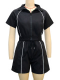 EVE Contrast Color Line Patchwork Tops Sport Two Piece Shorts Set SH-391521