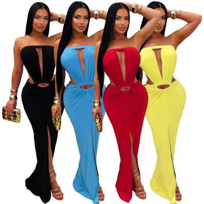 EVE Solid Color Off Shoulder Split Maxi Dress YF-10994