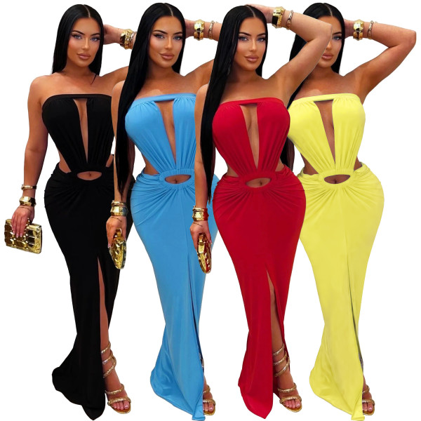 EVE Solid Color Off Shoulder Split Maxi Dress YF-10994