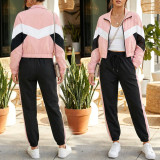EVE Color Block Long Sleeve Coat 2 Piece Pants Set SH-391459
