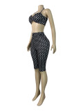 EVE Polka Dots Print Wrap Chest Top Fifth Pants 2 Piece Set CH-26103