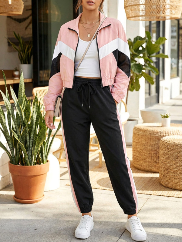 EVE Color Block Long Sleeve Coat 2 Piece Pants Set SH-391459