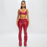 EVE PU Leather Sling Top Two Piece Pants Set YNSF-8030