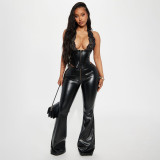 EVE Lace Halterneck Backless Leahter Pants 2 Piece Set YNSF-8029