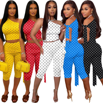 EVE Slash Shoulder Polka Dots Print Seventh Pants Suit TK-6351