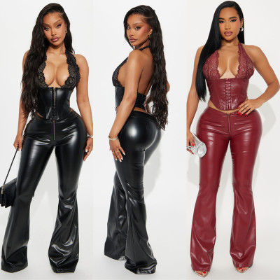 EVE Lace Halterneck Backless Leahter Pants 2 Piece Set YNSF-8029