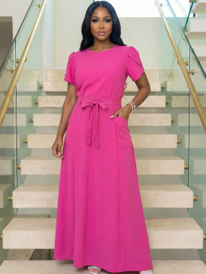 EVE Short Sleeve Solid Color Belt Maxi Dress GYLY-11143