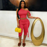 EVE Slash Shoulder Polka Dots Print Seventh Pants Suit TK-6351