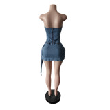 EVE Fashion Irregular Denim Tube Top Mini Dress MEM-88688